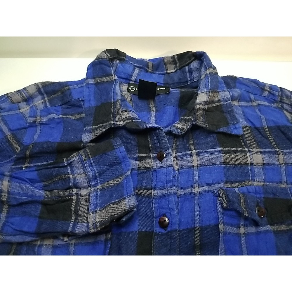 Fashion To Figure Womens Blue Plaid Flannel Roll Tab Sleeve Button Up Shirt 0